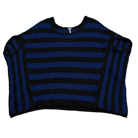 Free People Sweaters - Free‎ People Striped Oversized Poncho Sweater Blue Black Wool Blend Medium i2